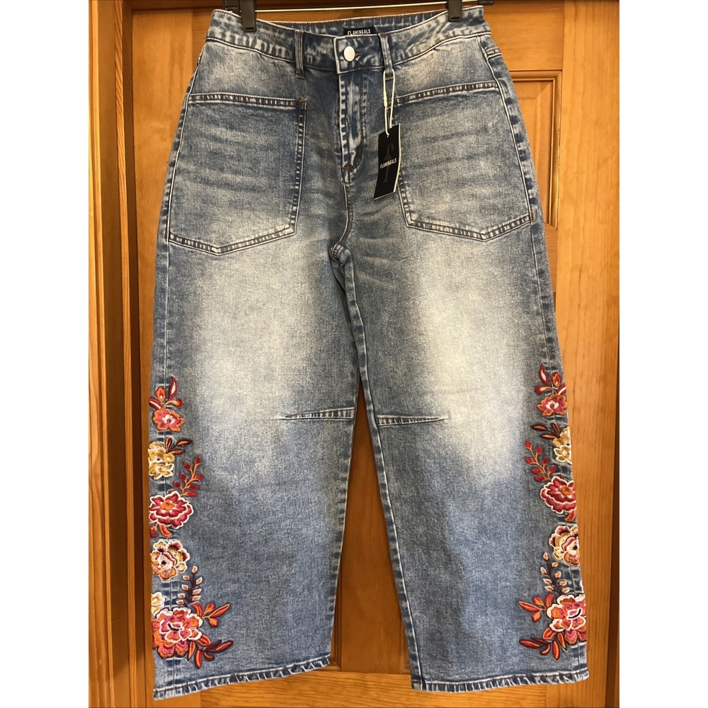 Flamingals Women's Barrel Floral Embroidered Jeans Wide Leg Crop Sz Large
